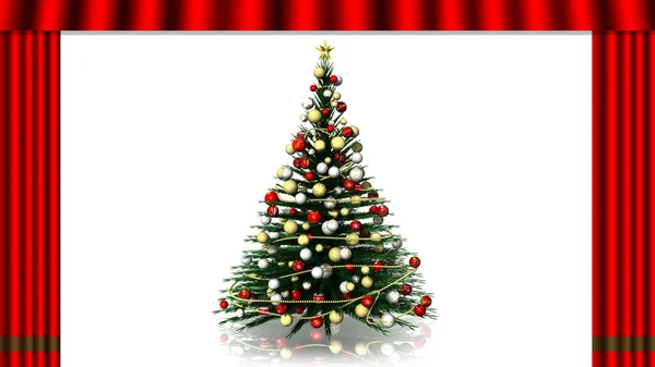 3Dイラスト クリスマスだ 赤いカーテンが開き 装飾され 照らされたクリスマスツリーを発見 — ストック写真