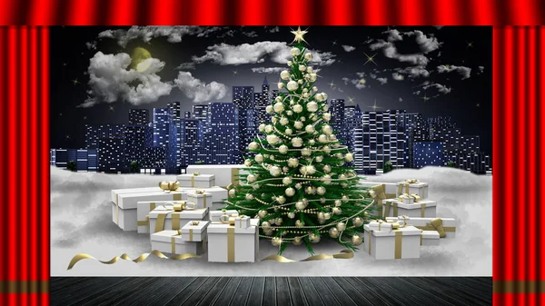 Illusztráció Karácsonykor Vörös Függöny Kinyílik Felfedezi Díszített Megvilágított Karácsonyfát Fenyő — Stock Fotó