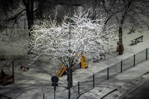 Śnieg Śnieg Zima Noc Zewnątrz Śnieg Zimno Mróz Obrzeżach Miasta — Zdjęcie stockowe