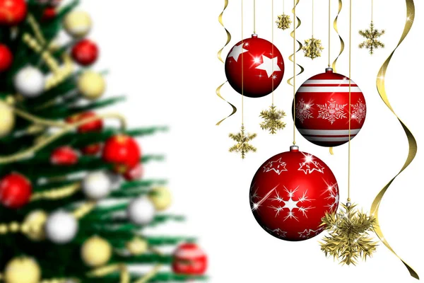 クリスマスだ白い背景で飾られたクリスマスの装飾とモミの木 — ストック写真