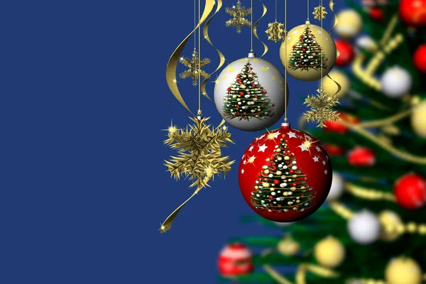 Navidad Decoración Navidad Abeto Decorado Con Fondo Azul —  Fotos de Stock