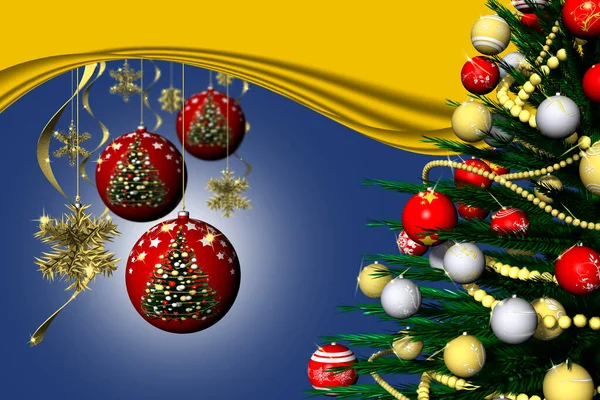 クリスマスだ青い背景で飾られたクリスマスの装飾とモミの木 — ストック写真