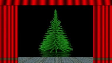 Sinema. 3 boyutlu illüstrasyon. Noel zamanı. Kırmızı perde açılır ve süslenmiş ve aydınlatılmış Noel ağacını görür..
