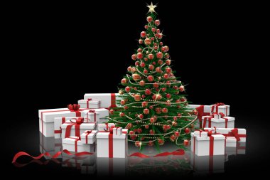 Süslü Noel ağacı ve siyah ördek sürüsü üzerine hediyeler