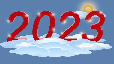 3 boyutlu illüstrasyon. Yeni yıl 2023. Yeni yıl, 2023, yeni yılın gelişini kutlamak için, bulutların arasında asılı kaldı..