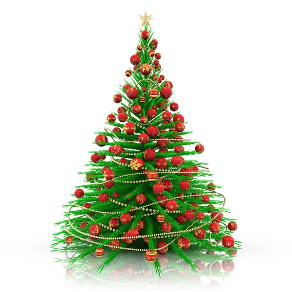 3Dイラスト クリスマスの装飾 赤い飾りのある緑のクリスマスツリー — ストック写真