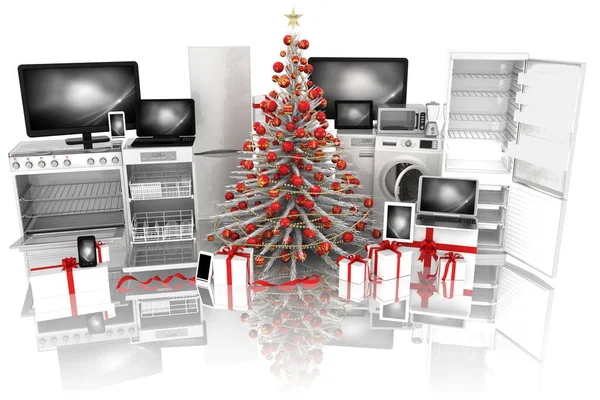 3D illustration. Christmas tree decorated white. Christmas technology gifts: appliances, computer, phone, smartphone, tablet