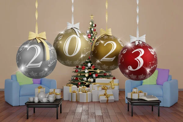 Salón de diseño interior moderno con adornos navideños de año nuevo,  juguetes, regalos, abeto