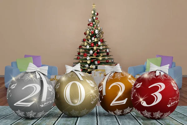 Illustratie Nieuwjaar 2023 Nieuwjaar 2023 Aantallen Met Kerstversiering — Stockfoto