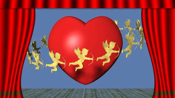 Illustration Open Curtain Theater Cinema Reveals Symbols Love Suitable Valentine — Zdjęcie stockowe