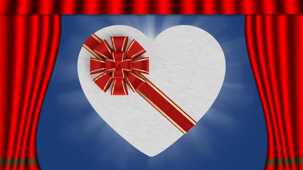 3D illustration. Open curtain in theater or cinema reveals the symbols of love. Suitable for Valentine\'s Day, Valentine\'s Day.