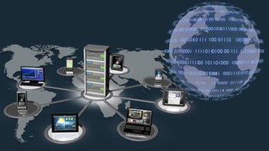 Sinema. Üç boyutlu illüstrasyon. Dijital dünya geçmişi. Sıfırın dizisi ve insanlar, sosyal ağlar ve infotmatik cihazlar arasındaki küresel bağlantı kavramı 