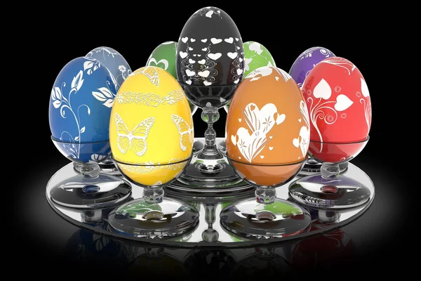 Ilustracja Seria Urządzone Easter Egg Jaja Uchwyt Szkła Czarnym Tle — Zdjęcie stockowe