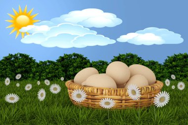 3 boyutlu illüstrasyon. Bahar, yaz, Paskalya. Arka planda gökyüzü ve ağaçlarda çimen ve kelebeklerle dolu bir sepet yumurta. Papatyalar ve çiçekler yeşil çimenleri boyar
