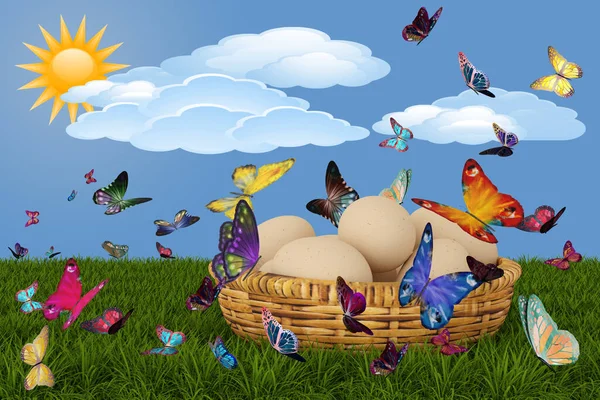Иллюстрация Весна Лето Пасха Корзина Яйцами Травой Бабочками Заднем Плане — стоковое фото