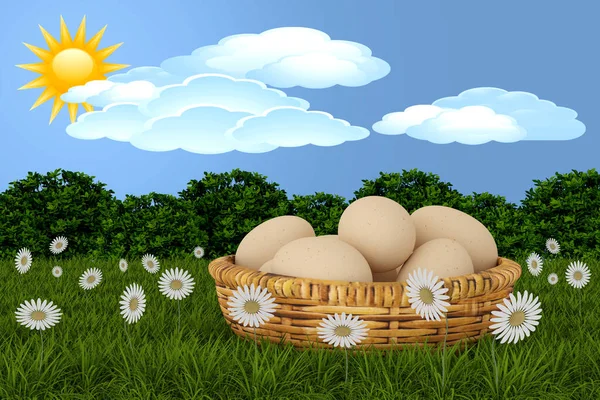 Ilustração Primavera Verão Páscoa Cesta Ovos Com Grama Borboletas Céu — Fotografia de Stock