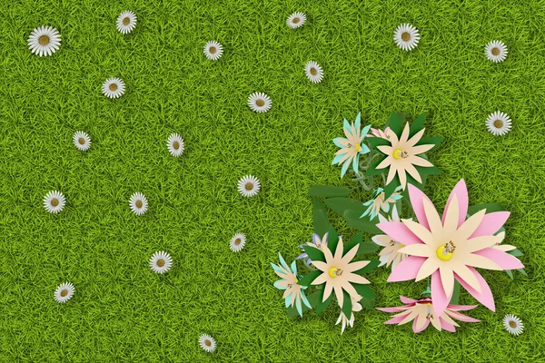 3D例证 春夏花 开在绿草的质感上 五彩缤纷的草场背景 — 图库照片
