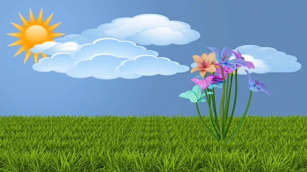 Иллюстрация Весна Саммер Цветы Цветы Зеленом Лугу Небом Солнцем Облаками — стоковое фото
