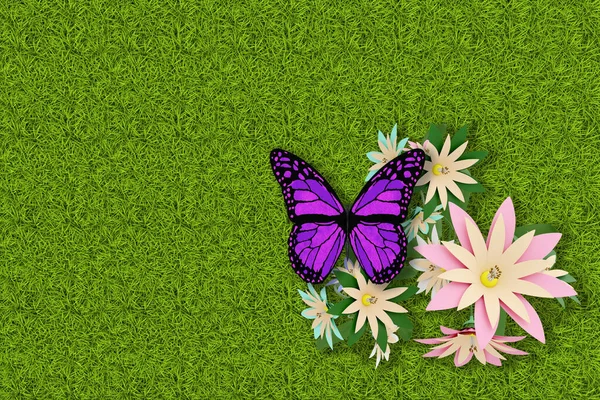 Ilustracja Wiosenne Lato Kwiaty Motyle Zielonej Trawie Tekstury Pole Trawy — Zdjęcie stockowe
