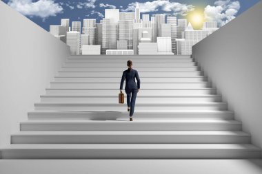 İş adamı, iş kadını. Mimarlık, Merdiven, Başarı, İş. İşadamı başarıya giden yolda merdiveni tırmanır - 3B Illustratio