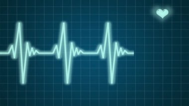 Sinema. Üç boyutlu illüstrasyon. Kalp ve EKG grafiği ile monitör. Kalp kontrolü için ilaç, sağlık, elektrokardiyogram.