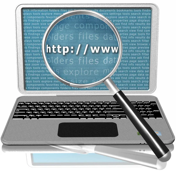 3D插图 笔记本电脑 带有放大镜的灰色笔记本电脑 用于搜索文件或网站 研究概念和标志 — 图库照片