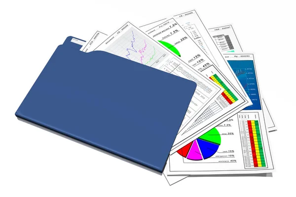 Biuro Przechowywanie Dokumentów Organizacja Komputerem Niebieski Folder Różnymi Dokumentami — Zdjęcie stockowe