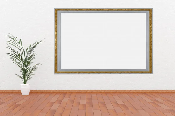 フレーム 白い壁に表示されている空の絵 テキストや画像を挿入するための空のスペースを持つフレーム シルバーとゴールドフレーム 3Dイラスト — ストック写真