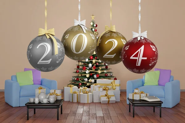 Ilustrace Nový Rok2024 Nový Rok 2024 Číslech Vánoční Výzdobou Vánoční — Stock fotografie