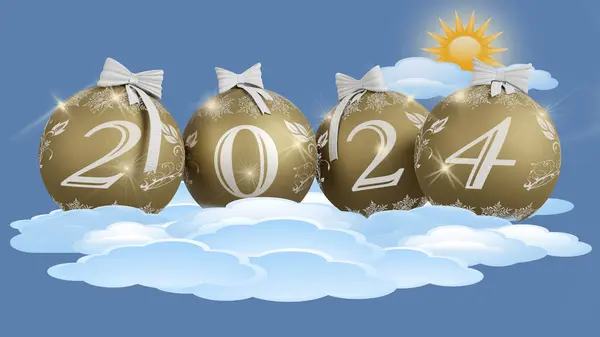 Üç boyutlu illüstrasyon. Yeni yıl 2024. Yeni Yıl 2024 sayıları ve Noel süslemeleri ile. Gökyüzü ve Bulutlar.