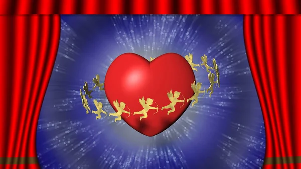3D illustration. Open curtain in theater or cinema reveals the symbols of love. Suitable for Valentine\'s Day, Valentine\'s Day.