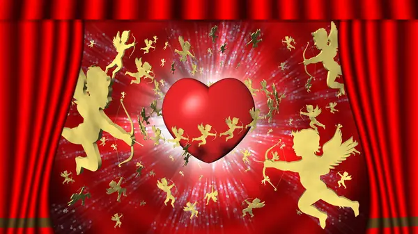 3D illustration. Open curtain in theater or cinema reveals the symbols of love. Suitable for Valentine's Day, Valentine's Day.