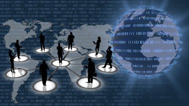 Üç boyutlu illüstrasyon. Dijital dünya geçmişi. Sıfırın dizisi ve insanlar, sosyal ağlar ve infotmatik cihazlar arasındaki küresel bağlantı kavramı 