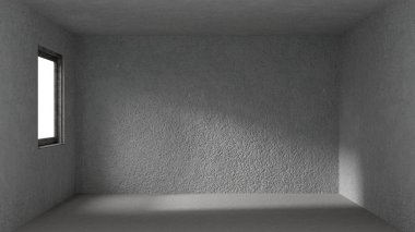 Penceresi ve ışık ışınları olan boş bir oda. 3B gösterimi.
