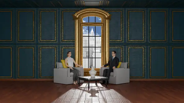Innenraumtag Paar Mann Frau Sitzen Sessel Vor Dem Fenster Mit Stockbild