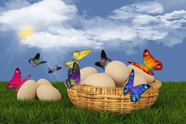 Ilustración Primavera Verano Pascua Cesta Huevos Con Hierba Mariposas Cielo Fotos de stock