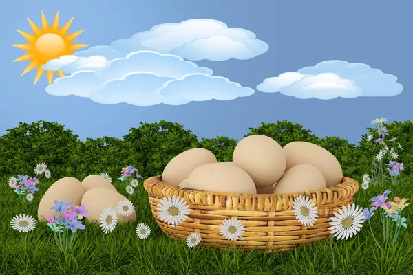 Ilustración Primavera Verano Pascua Cesta Huevos Con Hierba Mariposas Cielo Imágenes de stock libres de derechos