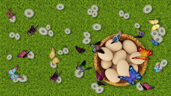 Illustration Frühling Sommer Ostern Korb Mit Eiern Mit Gras Und Stockbild