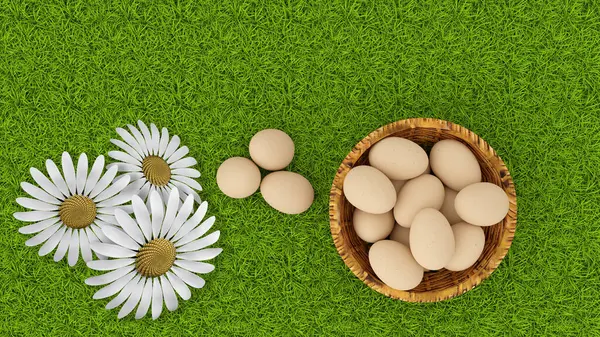 Illustration Frühling Sommer Ostern Korb Mit Eiern Mit Gras Und Stockfoto