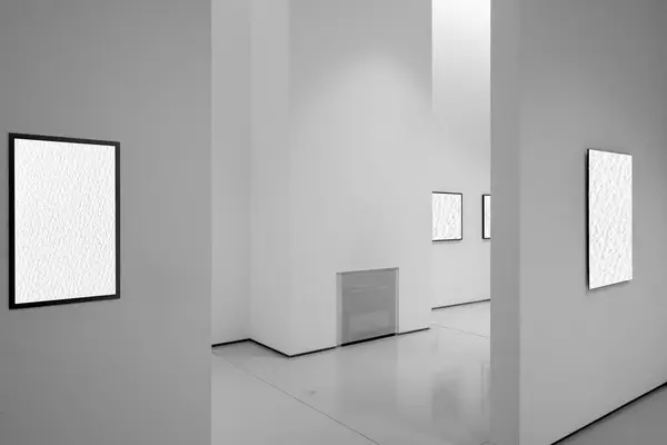 Sala Exposición Paredes Blancas Exhiben Marcos Con Interiores Vacíos Interior Imágenes de stock libres de derechos