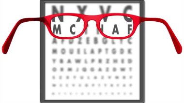 Gözlük lensleri harflere odaklanıyor, vizyon yaratıyor ve mükemmel okuyor. Sinema. 3B illüstrasyon.