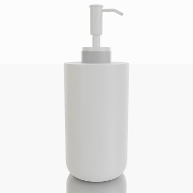 Dispanserler. Beyaz arka planda sabun için beyaz plastik şişe.