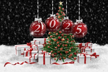 3D Illustration. Yeni yıl 2025. Yeni yıl 2025 'in rakamları ve Noel süslemeleri. Noel ağacı topları