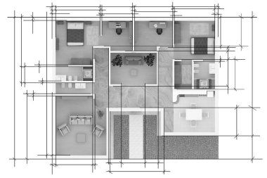 Ev yapımı ve yenileme projesi. Mimari, düzenleme ve modern evin mobilyaları ve odaları. Çizim ve tasarım yaşam alanı.