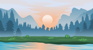 Çam ağaçları, tepeler ve nehir vektörlerinin doğal manzarası