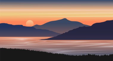 Gün batımı vektöründe gölü olan doğa manzarası dağı