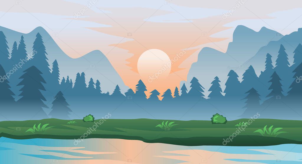 Natural landscape of pine trees, hills and river vector
