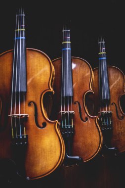 Row of multiple violins hanging on the wall clipart