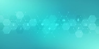 Düz simgeleri ve sembolleri olan tıbbi bir arka plan tasviri. Sağlık teknolojisi, yenilikçi tıp, sağlık, bilim ve araştırma için kavram ve fikir içeren şablon tasarımı.