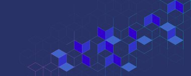 Grafik tasarım elemanı ve izometrik dijital bloklarla soyut geometrik arkaplan. Engelleme zinciri konsepti ve modern teknoloji.